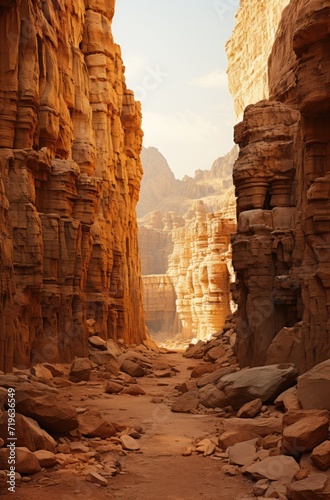 A rugged canyon winds through the majestic mountains, revealing the ancient bedrock formations and dramatic escarpments of the barren desert landscape