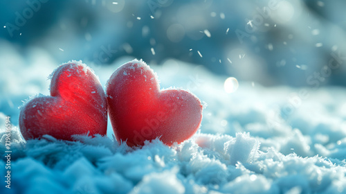Poster or banner of two hearts sitting on the snow covered ground under light. Vibe of Valentine day and romantic
