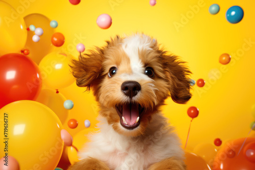 Surprised white and ginger happy dog with bright balloons on yellow background