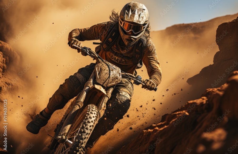 An adrenaline-fueled rider tackles rugged terrain on their dirt bike, donning a protective helmet as they conquer the offroad course with precision and skill