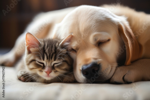 Kitten and retriever sleeping together on the white bed, selective focus