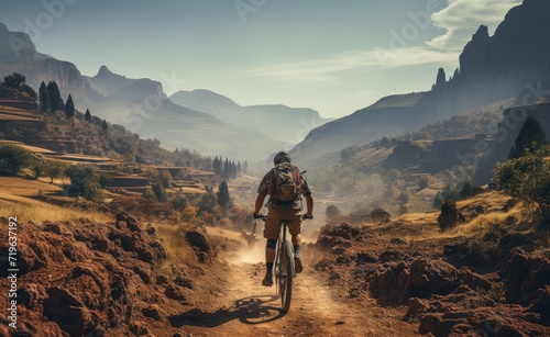 Against the vast sky and rolling mountains, a lone figure pedals on his bicycle, leaving a trail of dust in his wake on the rugged dirt road photo