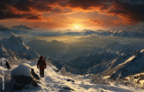 A lone mountaineer treks through the arctic landscape, braving the snowy slopes and icy terrain as the sun sets behind the majestic mountain range © LifeMedia