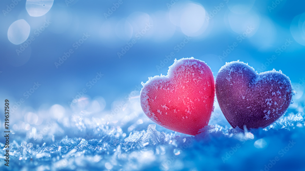 Poster or banner of two hearts sitting on the snow covered ground under light. Vibe of Valentine day and romantic Poster or banner of two hearts sitting on the snow covered ground under light. Vibe of Valentine day and romantic