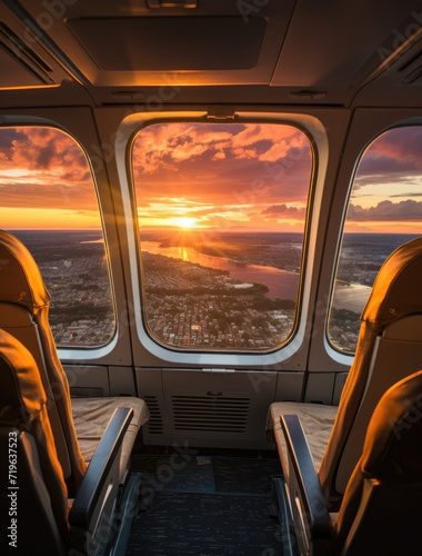 From the window of a high-flying plane, a passenger gazes at a bustling city below, the vibrant sunrise casting a golden glow on the clouds and cars winding through the streets, a picturesque view th