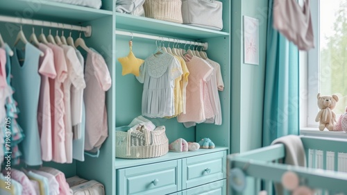 knitted clothes in a wardrobe for children in cozy light mint colors in a bright children's room