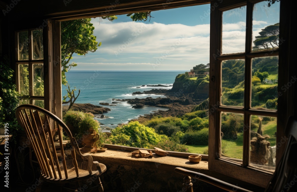 Fototapeta premium A tranquil escape awaits as the ocean sparkles under the sunny sky, framed by a window adorned with plants and furniture, inviting you to sit and soak in the breathtaking outdoor landscape of the coa