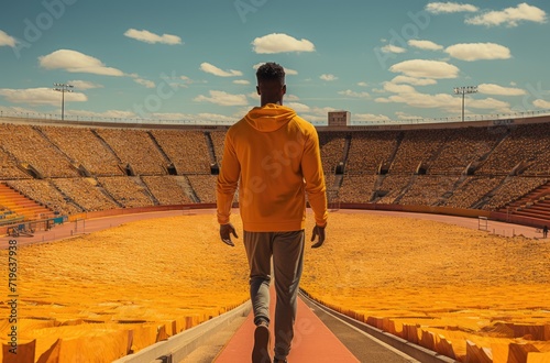 A lone man stands in the open stadium, his bright yellow shoes a striking contrast against the cloudy sky, his clothing fluttering in the wind as he takes in the vastness of the outdoor arena