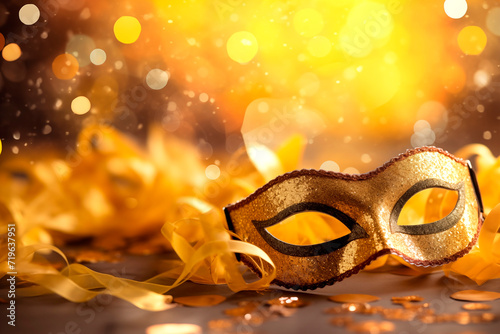 carnival yellow mask on a golden background with bokeh. Masquerade concept, mardi gras. banner, greeting card.