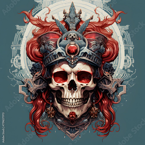 Decorative skull of Dead Red Queen, Witch and Sorceress in tribal tattoo. Hand drawn black illustration isolated on white background. Floral pattern of plants