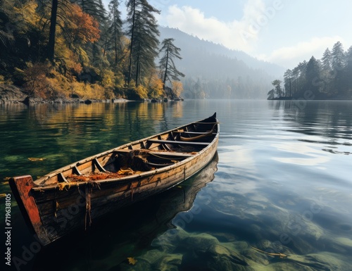 Amidst the tranquil waters and soaring mountains, a lone canoe navigates its way through the picturesque landscape, a symbol of freedom and adventure on the open water