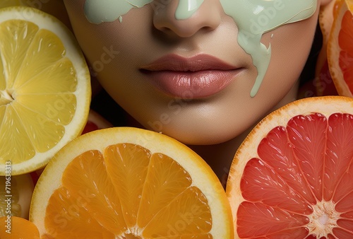 A mysterious woman with a citrus mask evokes a sense of tangy intrigue amidst a sea of sliced fruit including citron, meyer lemon, grapefruit, pomelo, bitter orange, and rangpur, capturing the essenc photo