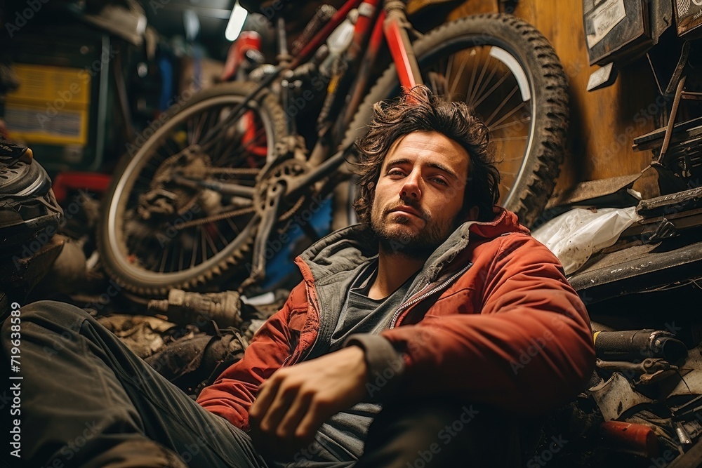 A solitary figure, dressed in worn clothing, sits in a cluttered garage next to a rusted bicycle wheel, lost in thought as he contemplates the open road and the freedom it represents