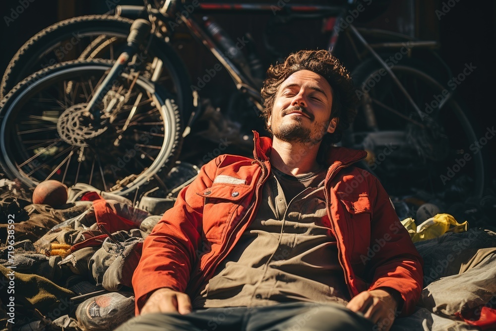 A weary traveler takes a moment to rest on a mound of earth, his eyes closed in peaceful contemplation, his bicycle wheel leaning against him as he reflects on the journey ahead