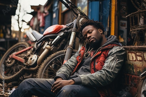 A rugged man in a leather jacket sits atop his sleek motorcycle, parked on the bustling street, the spinning wheel and tire ready to transport him through the urban landscape