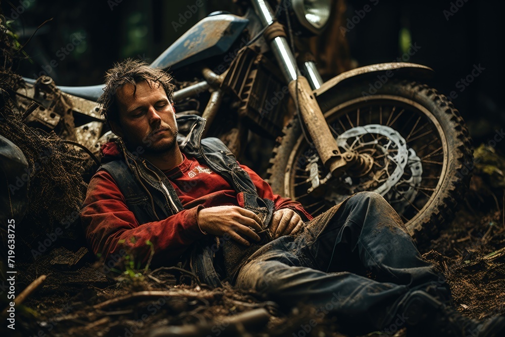 A man, caked in mud and wearing rugged clothing, sits next to his motorcycle in the dirt, his weary face a reflection of the long journey ahead