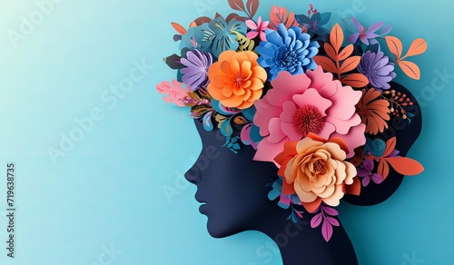 Woman head with floral decoration on blue background
