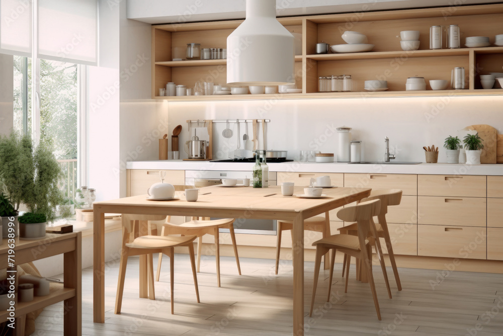 Modern kitchen interior with wood furniture, white minimalist home style. Light wooden design and decor of living room. Concept of Scandinavian style, cozy house