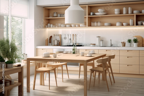 Modern kitchen interior with wood furniture, white minimalist home style. Light wooden design and decor of living room. Concept of Scandinavian style, cozy house © scaliger