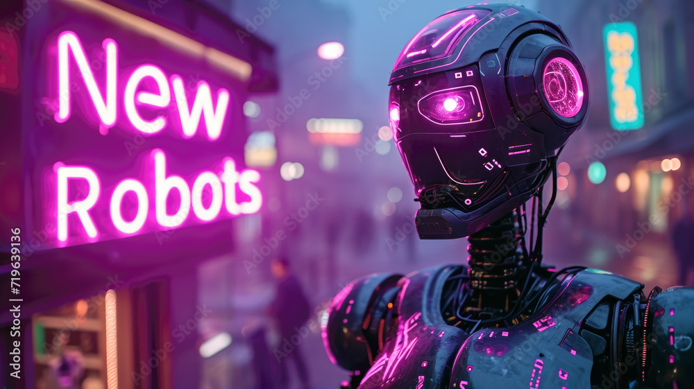 Angry robot looks at neon store sign New Robots on cyberpunk city street, futuristic town with purple light. Concept of dystopia, technology, upgrade and future