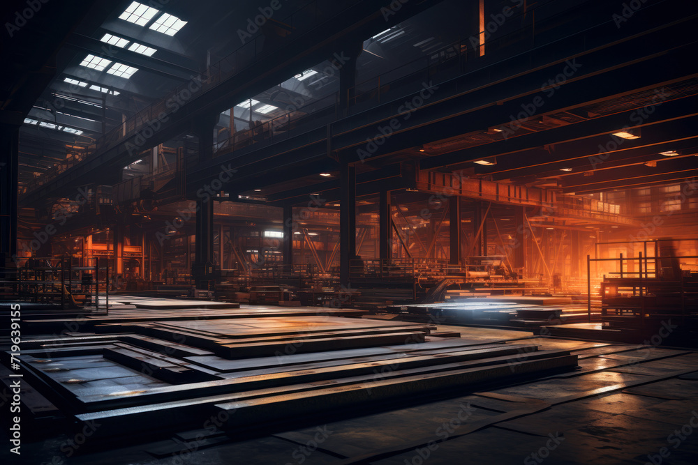 Metal production stored in warehouse of metallurgical plant, steel mill interior. Perspective inside dark storage of iron cast factory. Theme of industry, technology, metallurgy