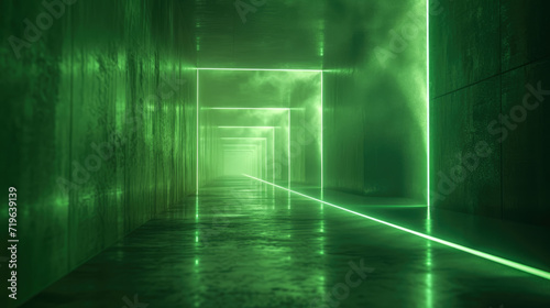 Abstract neon tunnel background  perspective of empty concrete hallway with led green light. Modern design of garage  futuristic room interior. Concept of studio  hall  laser