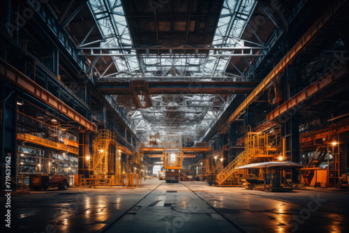Steel mill interior, warehouse of metallurgical plant, panorama inside storage or floor of iron cast factory. Theme of industry, construction, manufacture, metallurgy