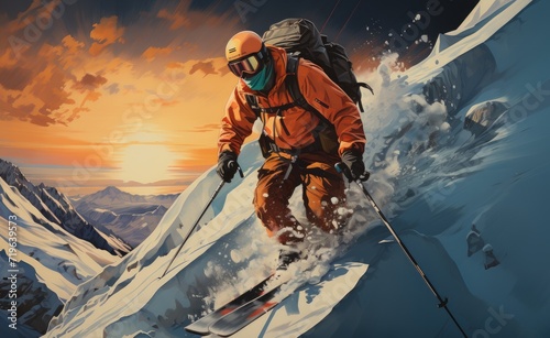 An adrenaline-fueled descent down a snowy mountain, guided by the sky and protected by a helmet, as a brave mountaineer conquers the glacial slopes with their trusty skiing equipment