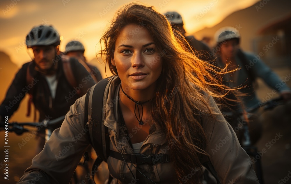 A woman with flowing locks leads a team of helmeted adventurers against the colorful backdrop of a sunset sky, embodying strength and determination in the great outdoors