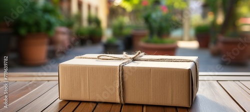Online shopping delivery service conceptcardboard package delivered to front doorstep