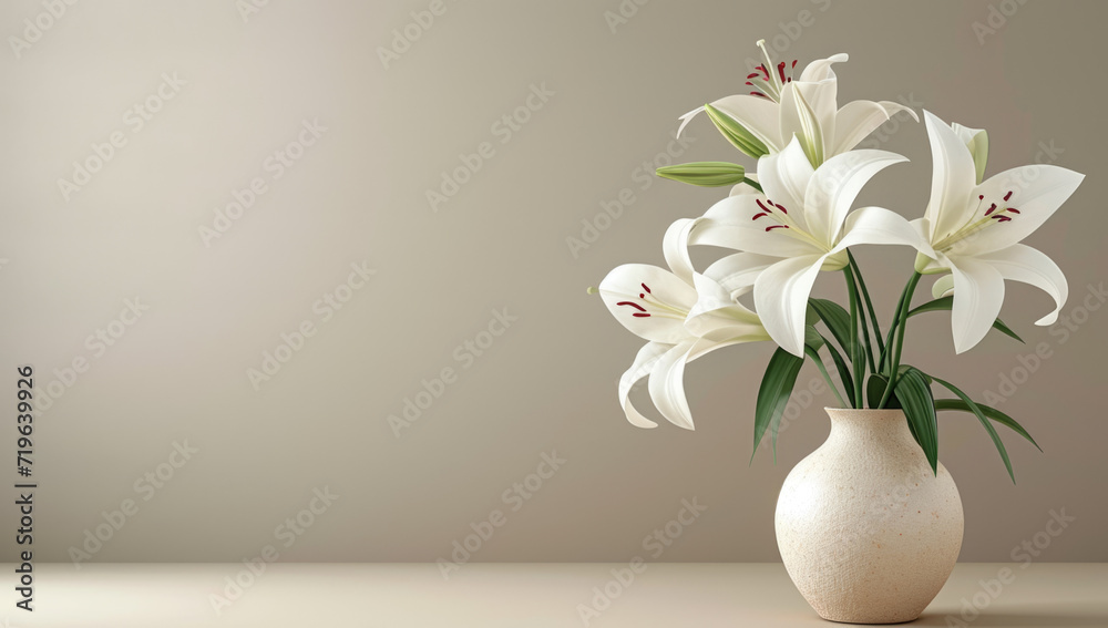 white lilies in a vase on a light gray background, in the style of minimalist backgrounds