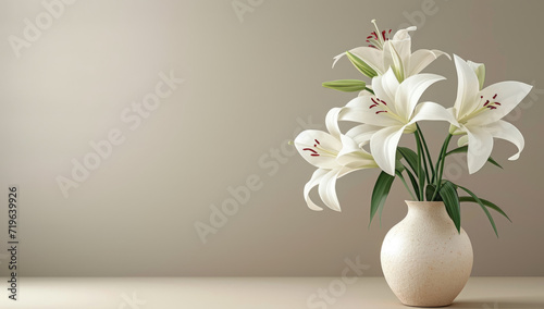 white lilies in a vase on a light gray background  in the style of minimalist backgrounds