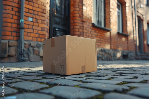 Cardboard package delivered near front door   online shopping delivery service concept