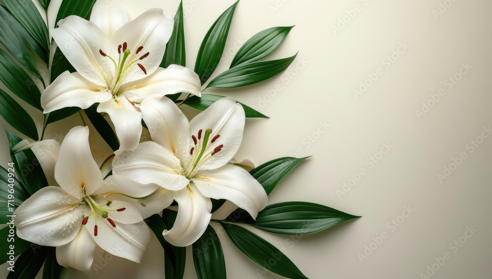 white lilies on a white background, top view of a bouquet in Japanese style