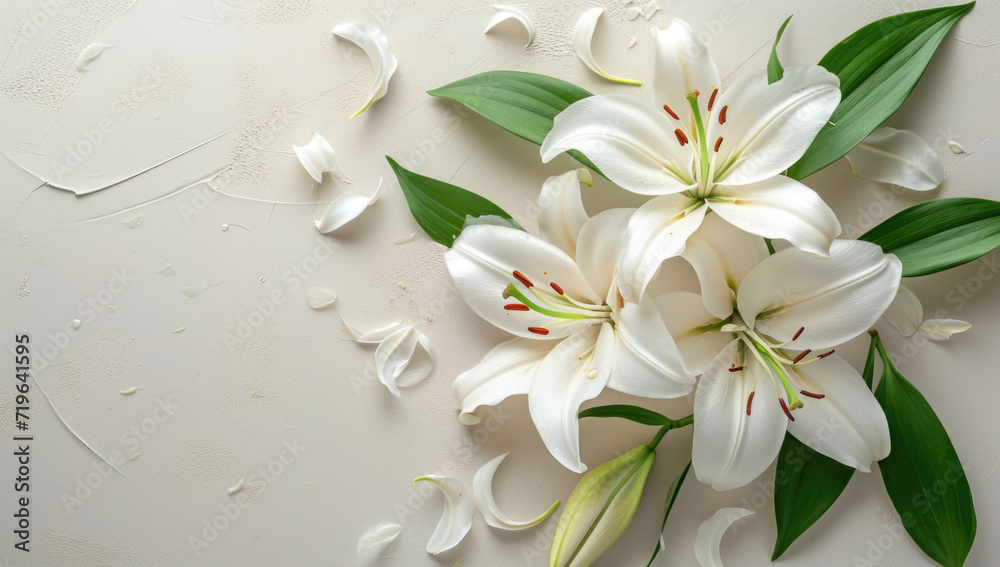 white lilies on a white background, top view of a bouquet in Japanese style white lilies on a white background, top view of a bouquet in Japanese style