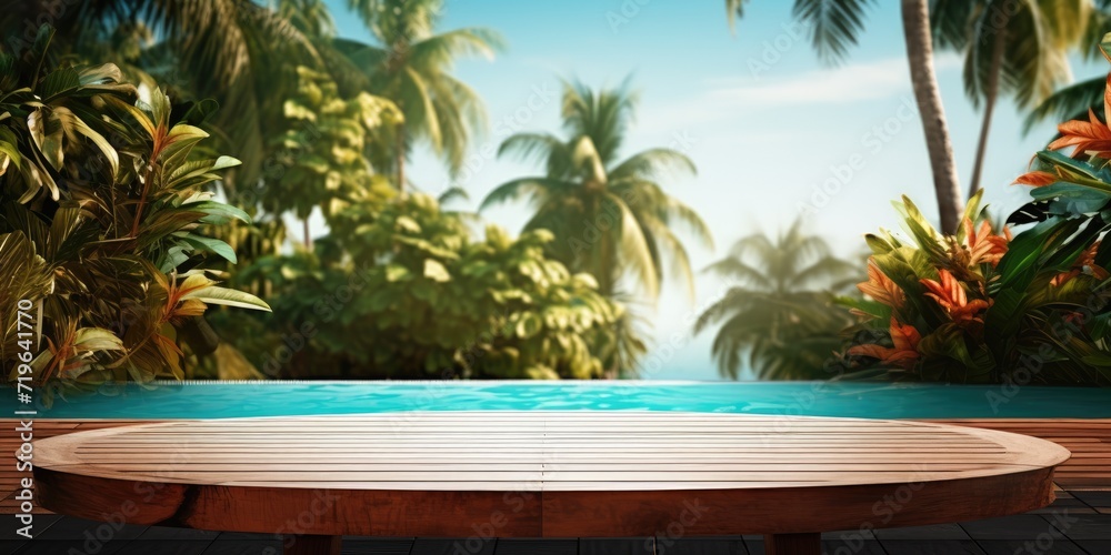Fototapeta premium Tropical resort with empty table and pool, ideal for product display.