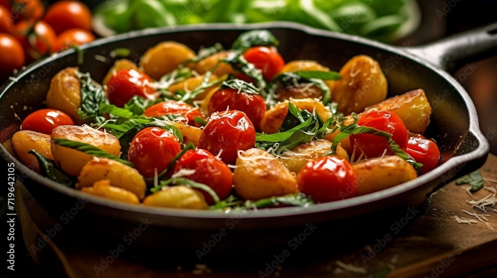 Golden Delight: Close-Up View of a Skillet Filled with Glistening Slices of Potatoes and Cherry Tomatoes, Showcasing Culinary Artistry and Texture in High-Resolution.