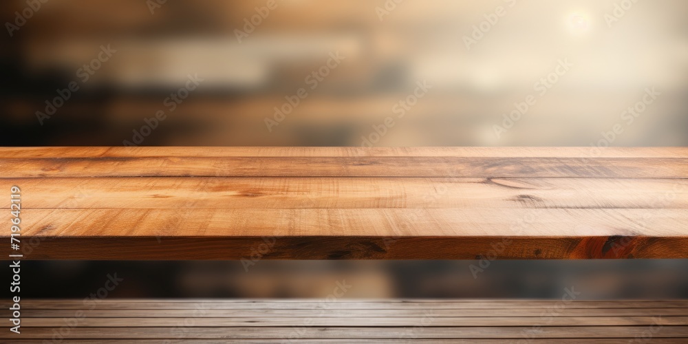 Blurred wooden table with a wooden board stand, Free space on table Blurred wooden table with a wooden board stand, Free space on table