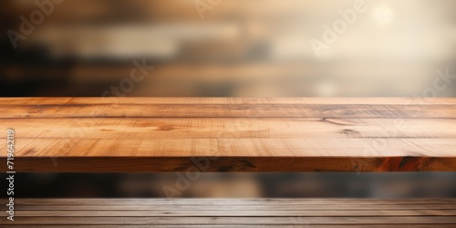Blurred wooden table with a wooden board stand, Free space on table