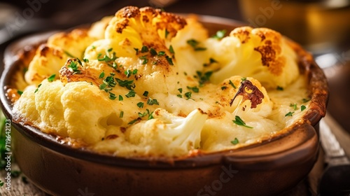 Creamy Cauliflower Gratin Garnished with Fresh Herbs in a Ceramic Dish. Elegant and Delicious Vegetable Casserole Perfect for a Gourmet Dining Experience. Healthy and Savory Culinary Delight.