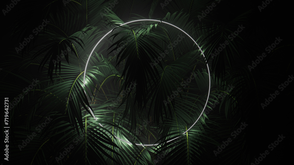 © RocknRoller Studios - White Neon Light with Tropical Plants. Circle shaped Fluorescent Frame in Nature Environment.