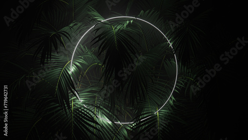 White Neon Light with Tropical Plants. Circle shaped Fluorescent Frame in Nature Environment. photo