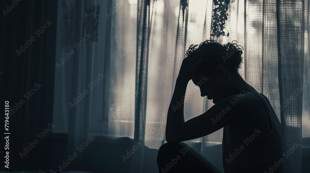 Silhouette of a person sitting on the floor holding head with their hands Silhouette of a person sitting on the floor holding head with their hands