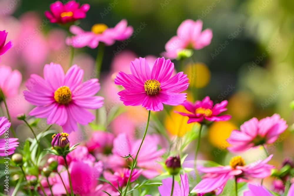 Vibrant pink cosmos flowers blooming in a sunlit garden. Vibrant pink cosmos flowers blooming in a sunlit garden.