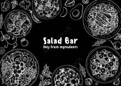 Hand drawn salads. Food top view vector illustration. Healthy eating. Salads collection. Food menu design template. Hand drawn sketch.