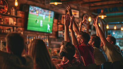 Vibrant sports bar atmosphere where patrons are energetically celebrating