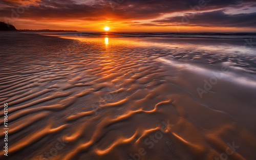 Vibrant sunset with clouds reflected on the wet sand during low tide