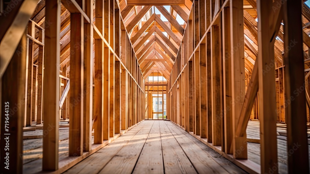 Wooden frame structure house building. Generative AI Wooden frame structure house building. Generative AI