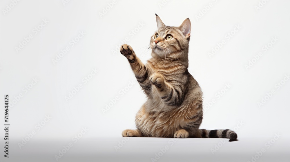 Cat with the lifted paw, striking a charming and playful pose Cat with the lifted paw, striking a charming and playful pose