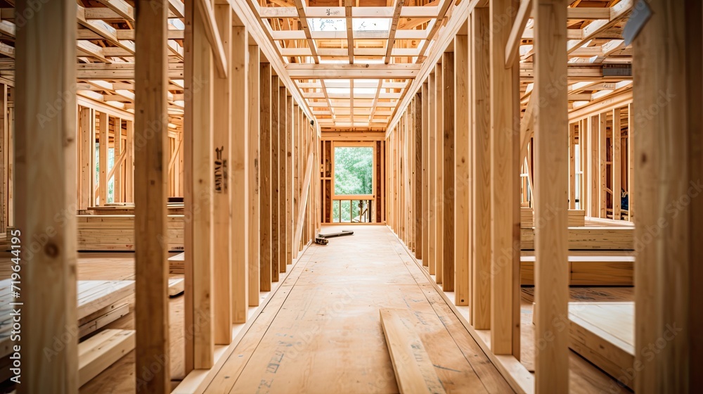 Wooden frame structure house building. Generative AI Wooden frame structure house building. Generative AI
